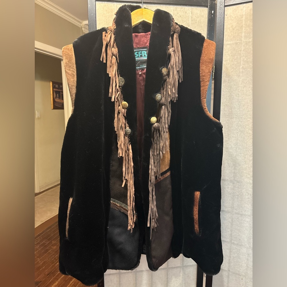 SFR SANTA FE RE-CREATIONS Faux Fur, Suede Fringe Southwestern Long Vest, Western